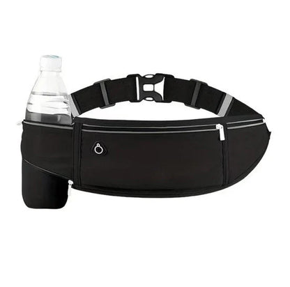 Cinturón deportivo unisex negro para correr con cinturilla ajustable, bolsillo con cremallera, detalles reflectantes y soporte para botella de agua – adecuado para teléfono, llaves, tarjetas y botella de 500 ml para correr, fitness y caminar.