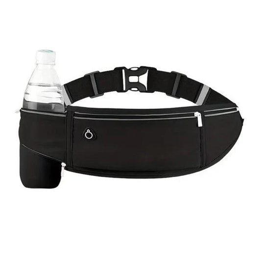 Cinturón deportivo unisex negro para correr con cinturilla ajustable, bolsillo con cremallera, detalles reflectantes y soporte para botella de agua – adecuado para teléfono, llaves, tarjetas y botella de 500 ml para correr, fitness y caminar.