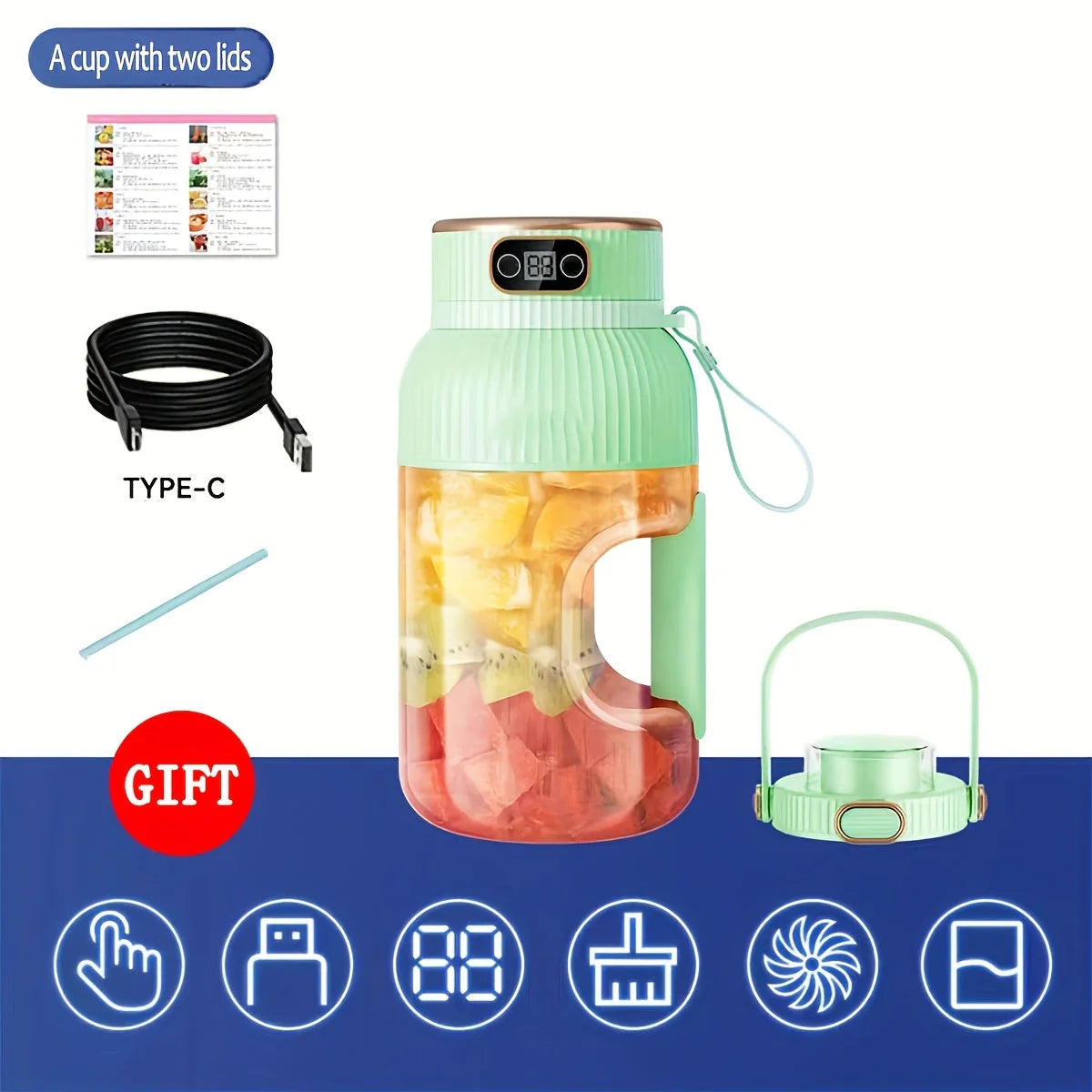 Exprimidor portátil Royelux 2025 con pantalla digital – batidora de viaje para smoothies y bebidas nutritivas para el gimnasio y la recuperación deportiva.