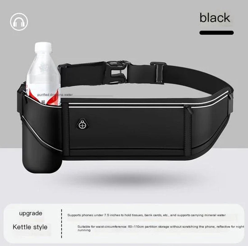 Cinturón deportivo unisex negro para correr con cinturilla ajustable, bolsillo con cremallera, detalles reflectantes y soporte para botella de agua – adecuado para teléfono, llaves, tarjetas y botella de 500 ml para correr, fitness y caminar.