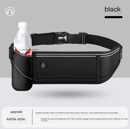 Cinturón deportivo unisex negro para correr con cinturilla ajustable, bolsillo con cremallera, detalles reflectantes y soporte para botella de agua – adecuado para teléfono, llaves, tarjetas y botella de 500 ml para correr, fitness y caminar.