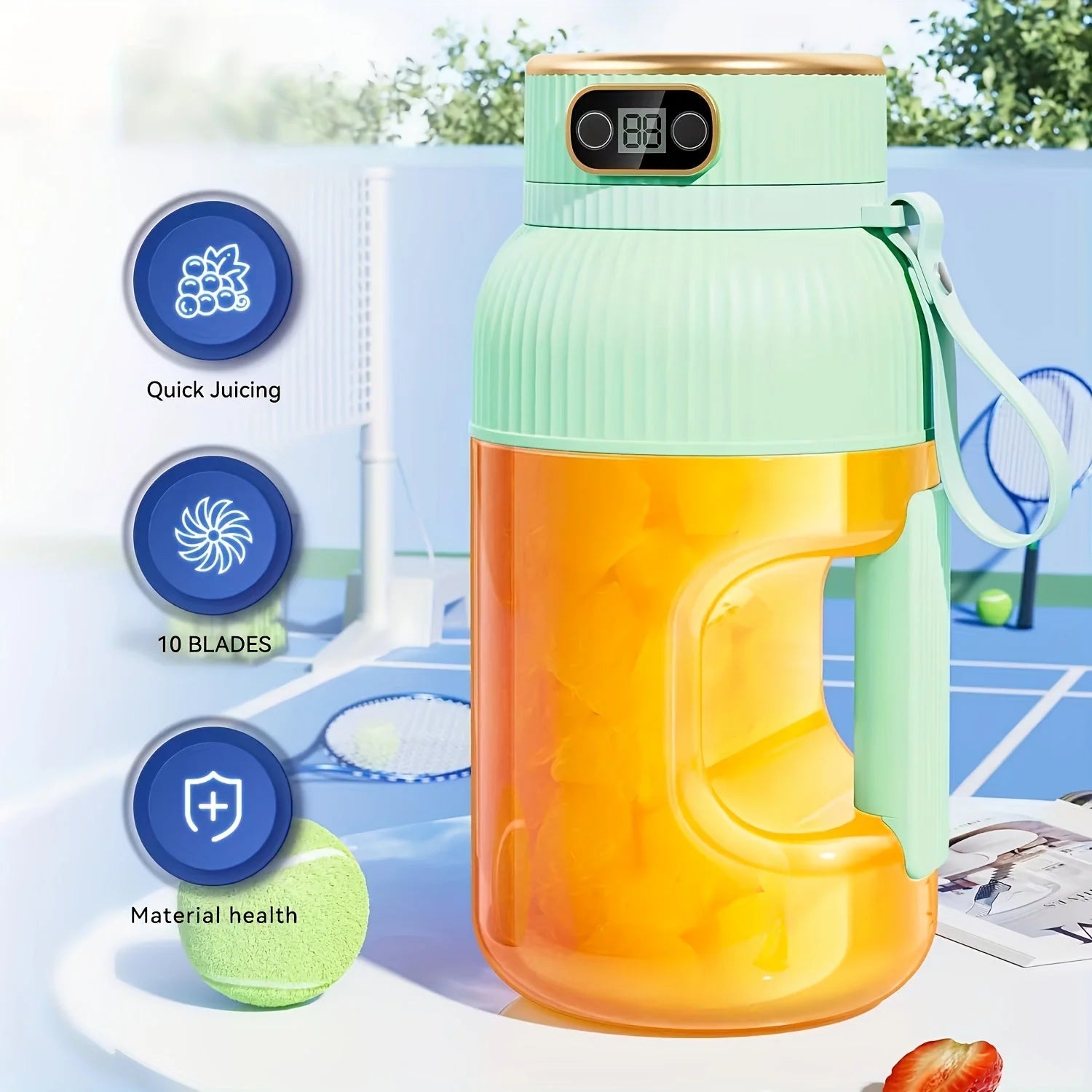 Exprimidor portátil Royelux 2025 con pantalla digital – batidora de viaje para smoothies y bebidas nutritivas para el gimnasio y la recuperación deportiva.