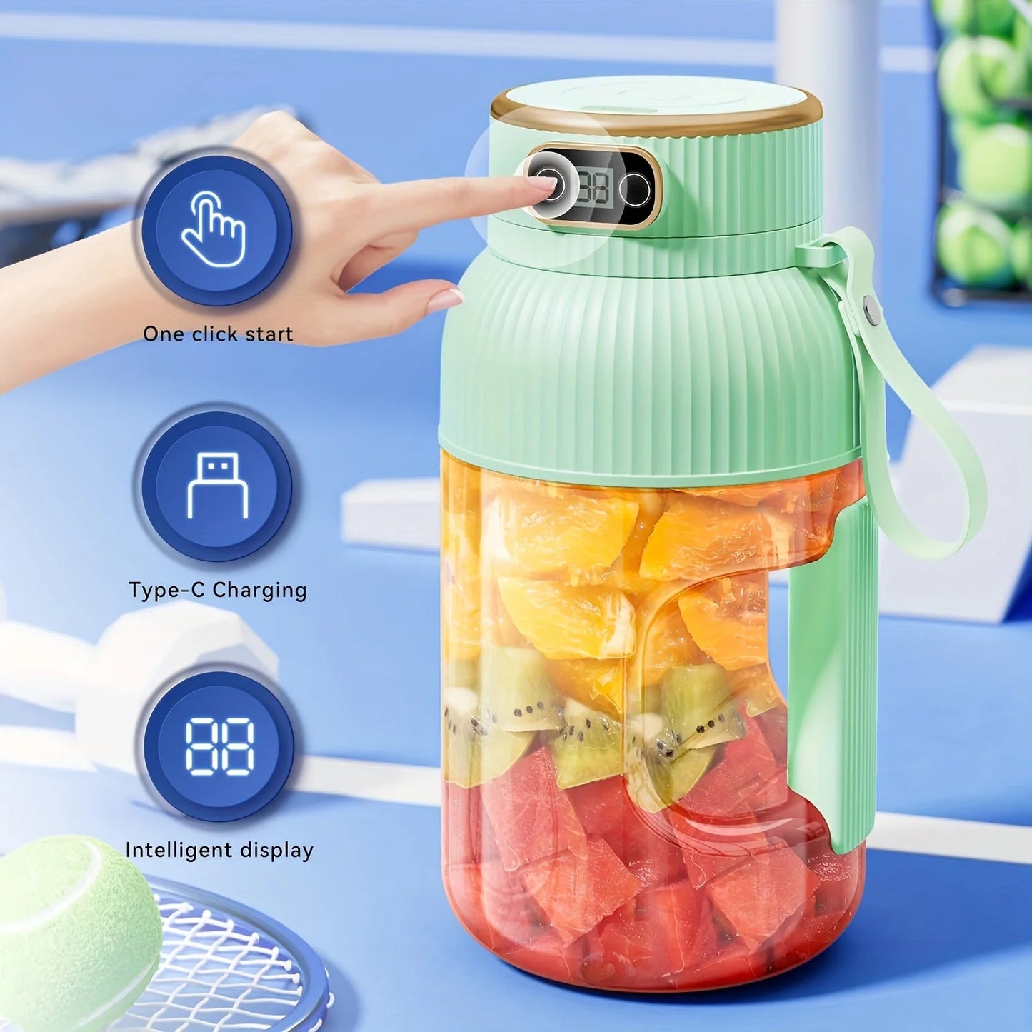 Exprimidor portátil Royelux 2025 con pantalla digital – batidora de viaje para smoothies y bebidas nutritivas para el gimnasio y la recuperación deportiva.